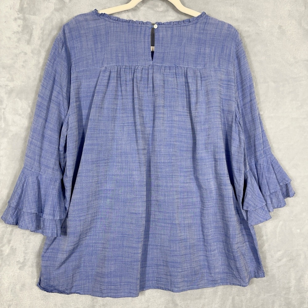 LOFT Crochet Lace Top Blouse L Blue Chambray 3/4 Bell Sleeve Boho‎ Peasant - Picture 10 of 12